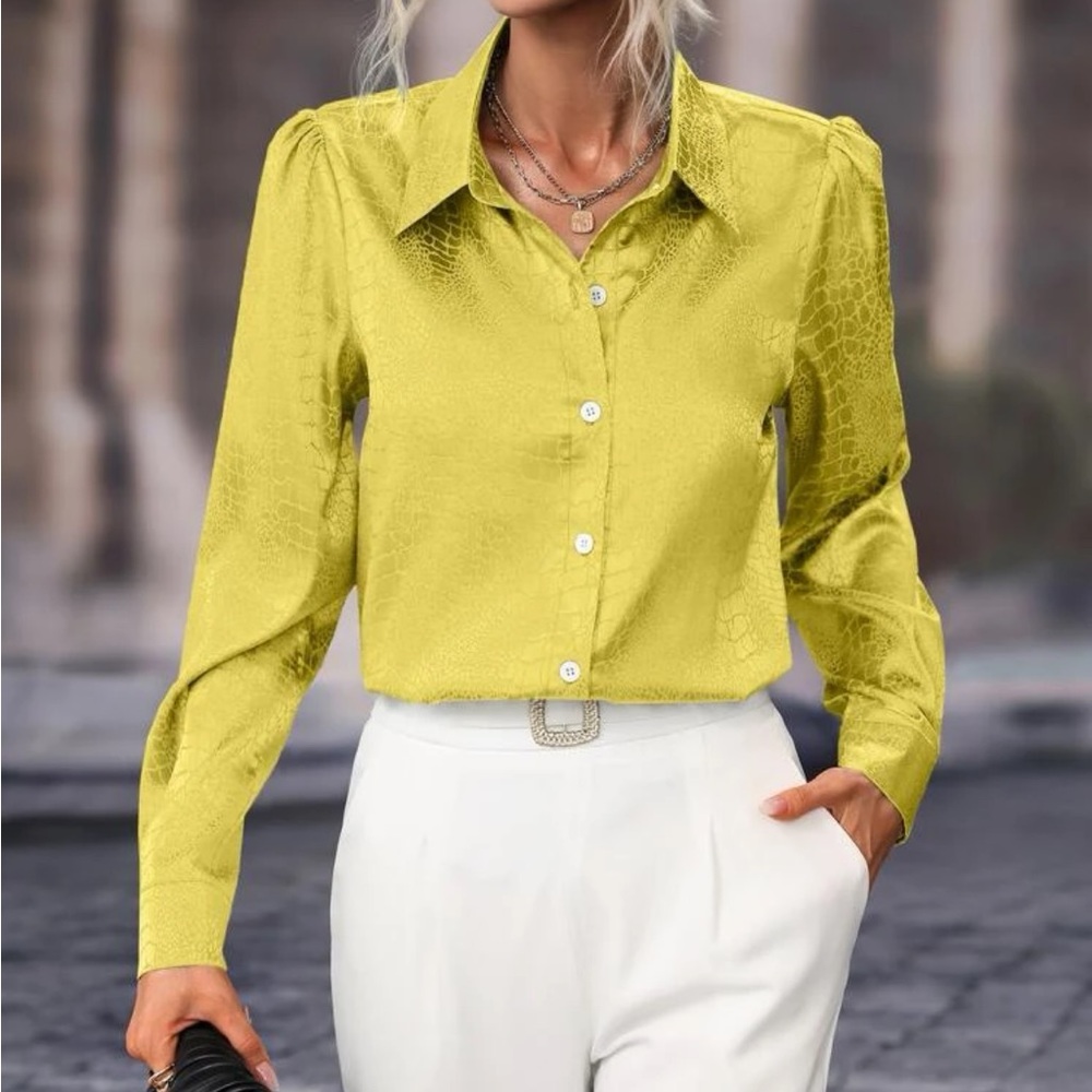 Elegant Satin Jacquard Puff Long Sleeve Button Down Shirt Top Blouse - Picture 7 of 7